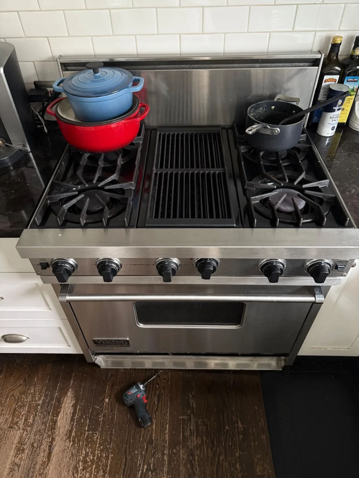 Viking professional range installed in residential cabinetry