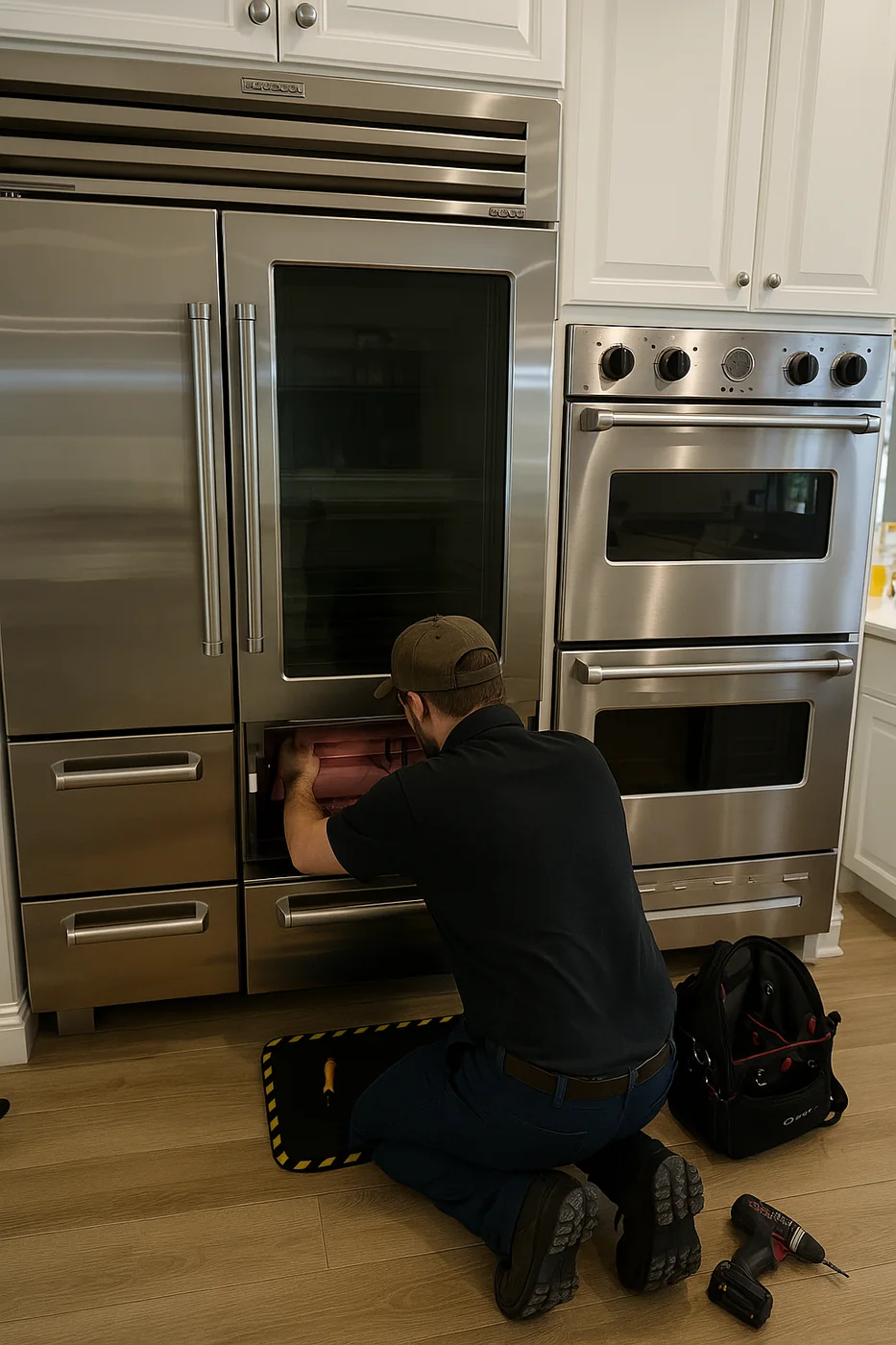 Technician servicing a built-in Sub-Zero refrigerator